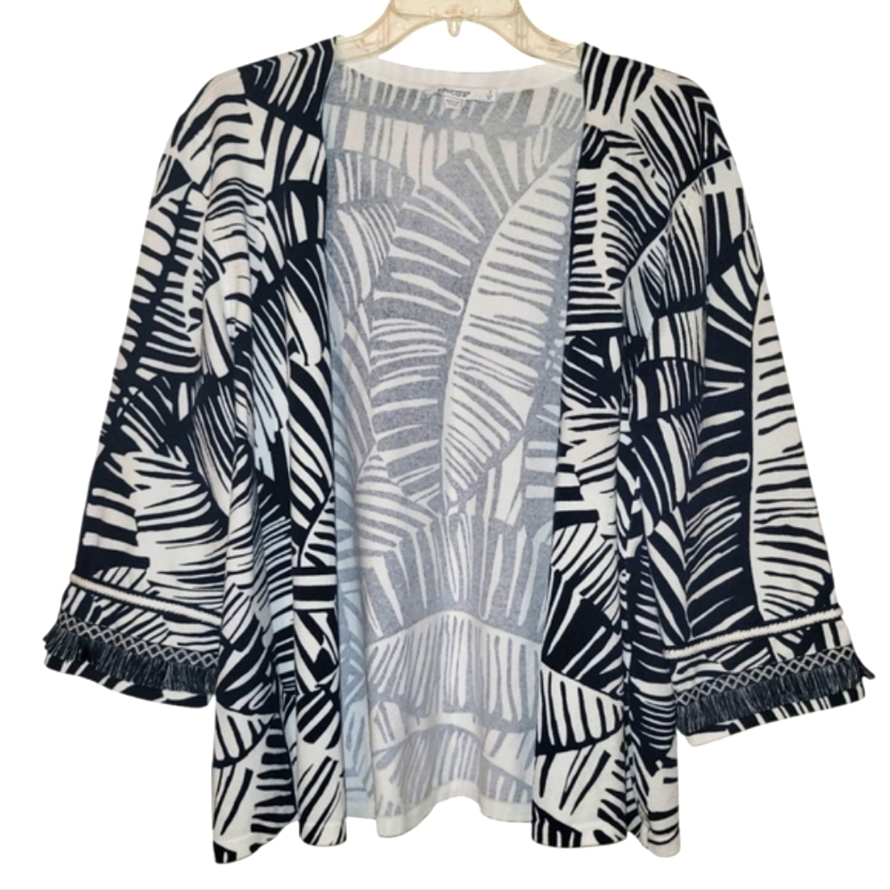 XL CHICO'S Cotton Blend Tropical Navy Blue and White Floral Print Cardigan